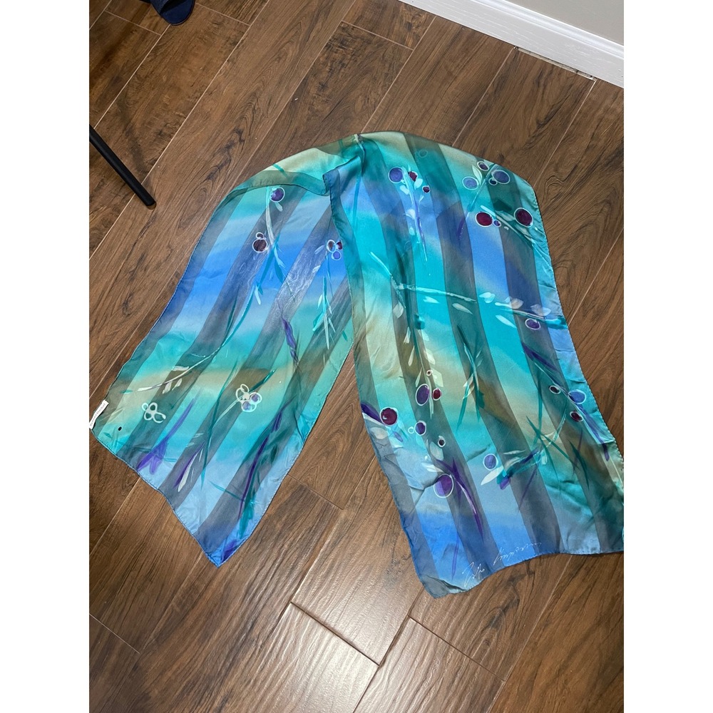 Robert Daskal Hand Painted Silk Scarf Teal Blue Green Floral Botanical Long Wrap